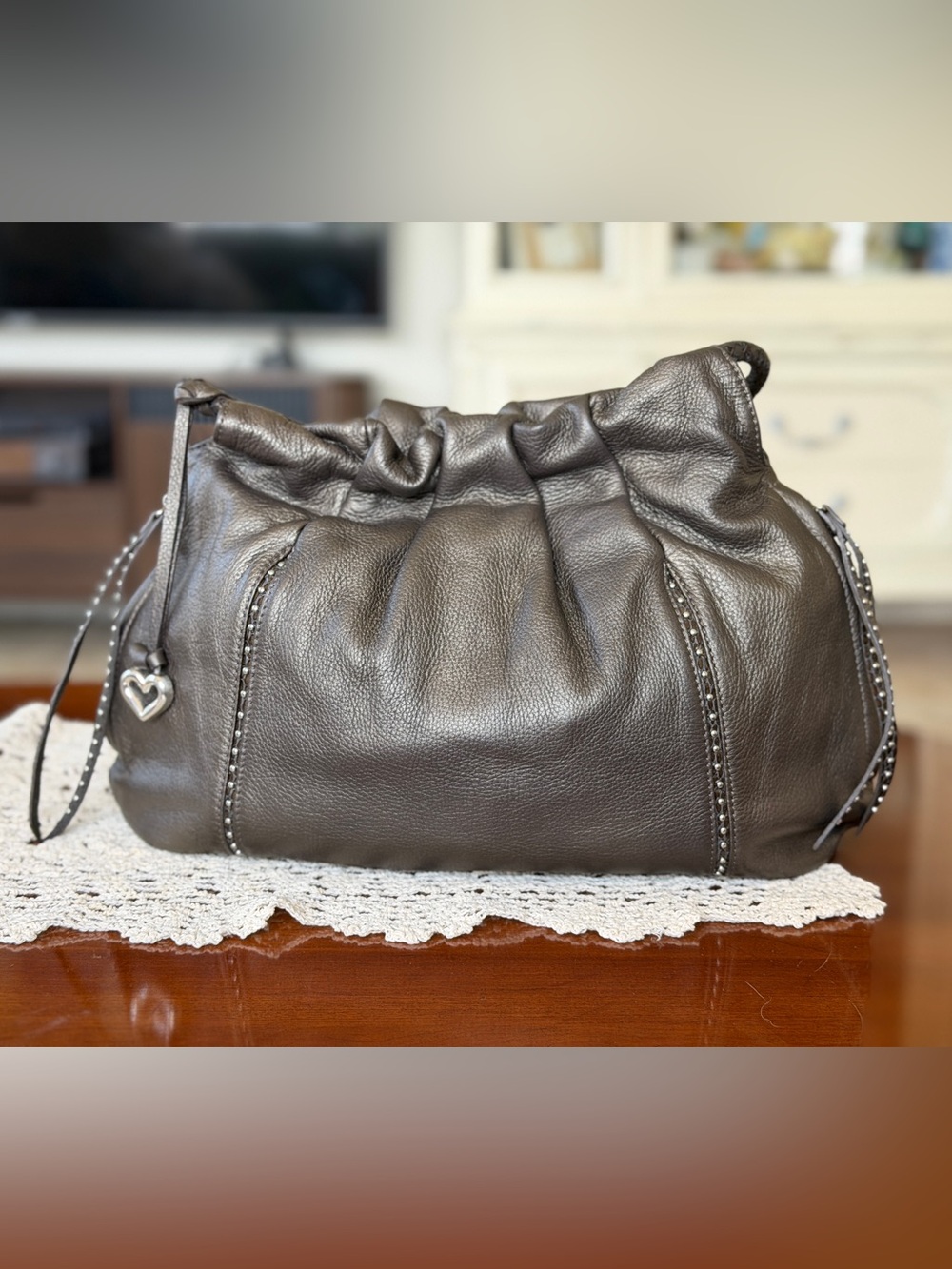 Brighton Charcoal Leather Shoulder Hobo with Stud Detailing